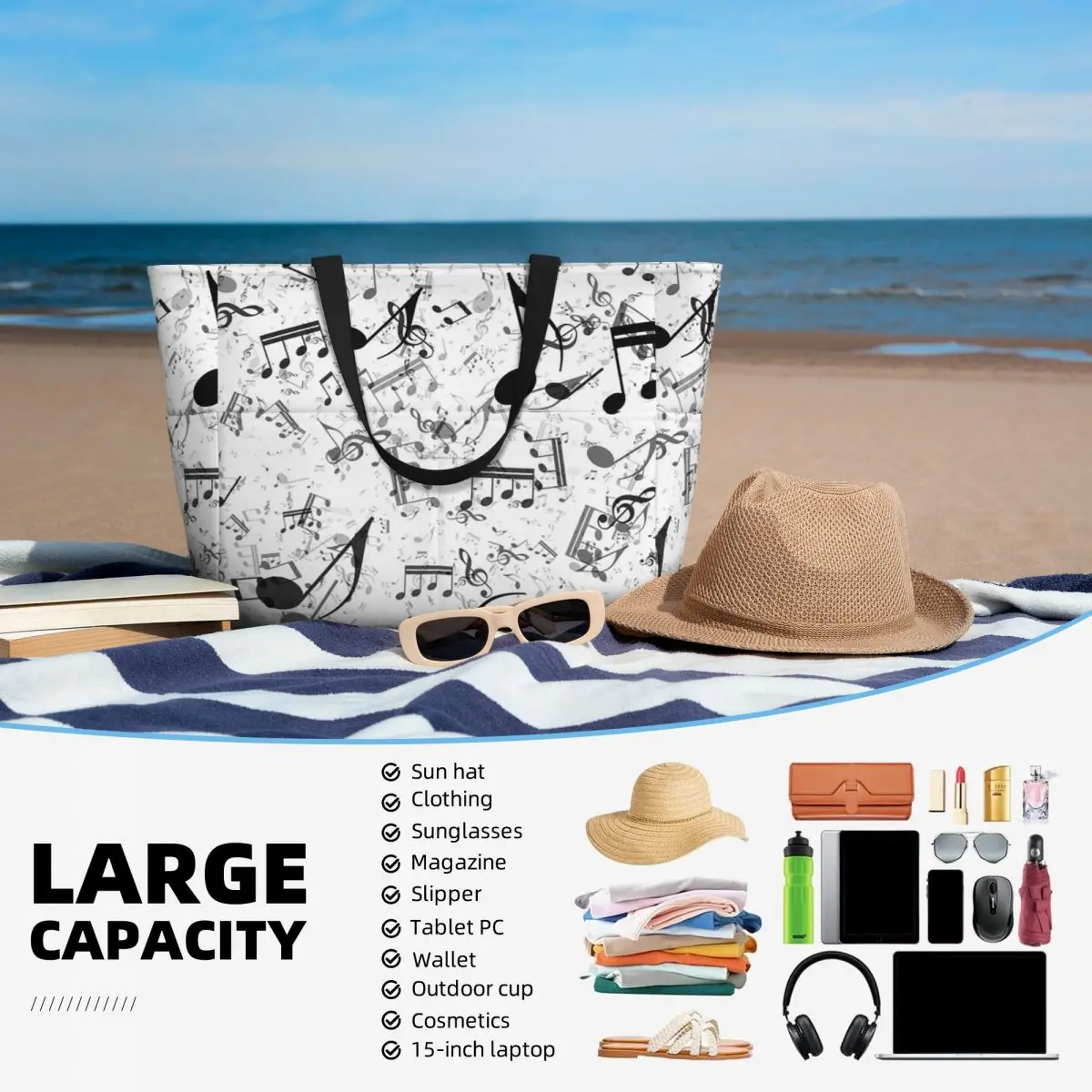 Bass Music Notes Beach Tote Ba - Yoga Fitness Music 评论和价格