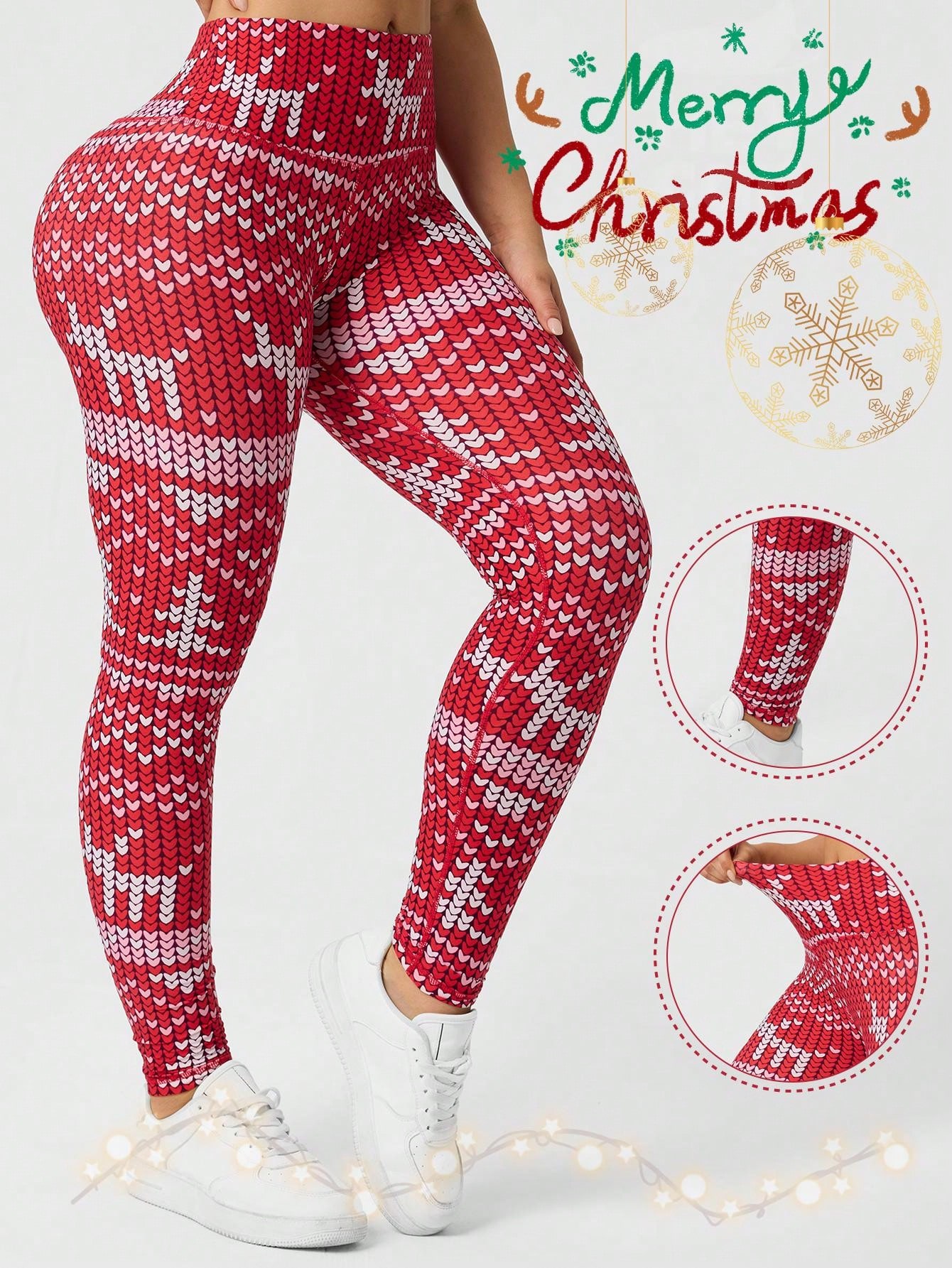 Womens Christmas Printed Leggi - Yoga Fitness Holiday 评论和价格